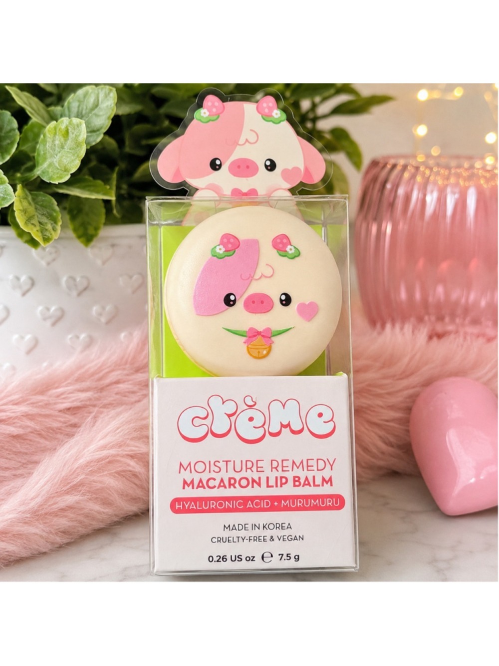 The Crème Shop Cute Strawberry Milk Macaron Lip Balm K-Beauty Vegan NEW
